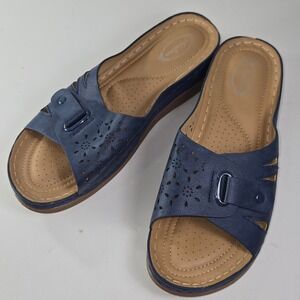 Atalina Navy Blue Laser Cut Wedge Sandals Slip On Comfort Women Size 10